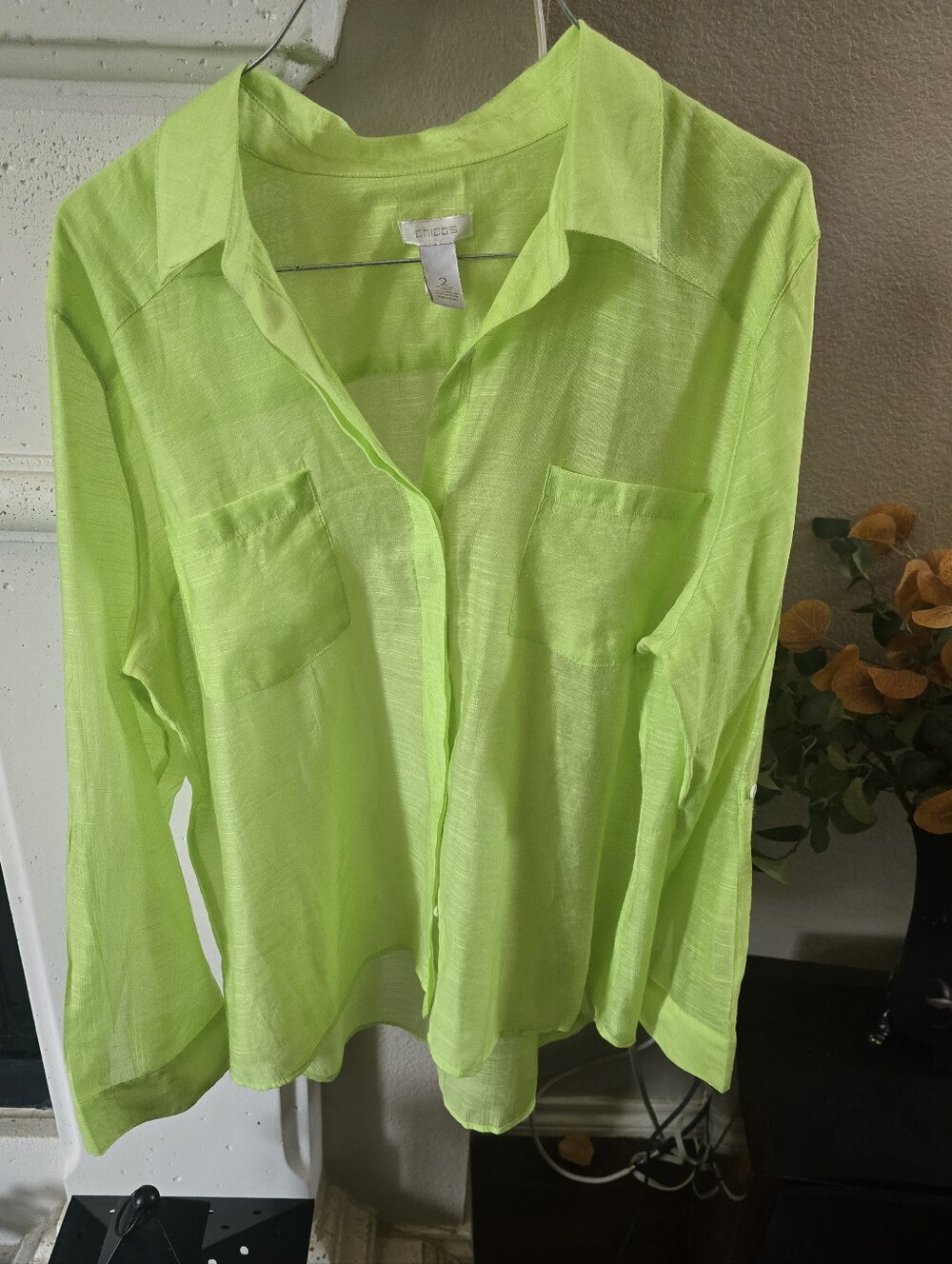 Chico's Neon Green Button-Down Shirt Resort Wear Beach Sz. Large